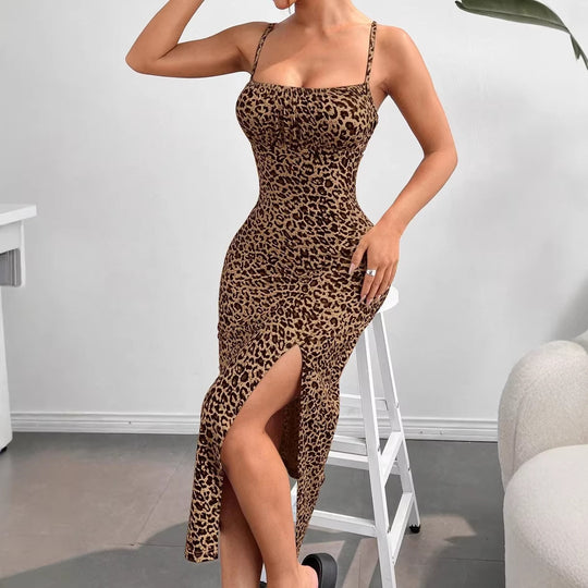 Damen figurbetontes Maxikleid mit elegantem Schlitz und schmalen Spaghetti-Trägern R&B