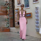 Damen Strick Maxikleid mit tiefem V-Ausschnitt und BindR&Bändern R&B