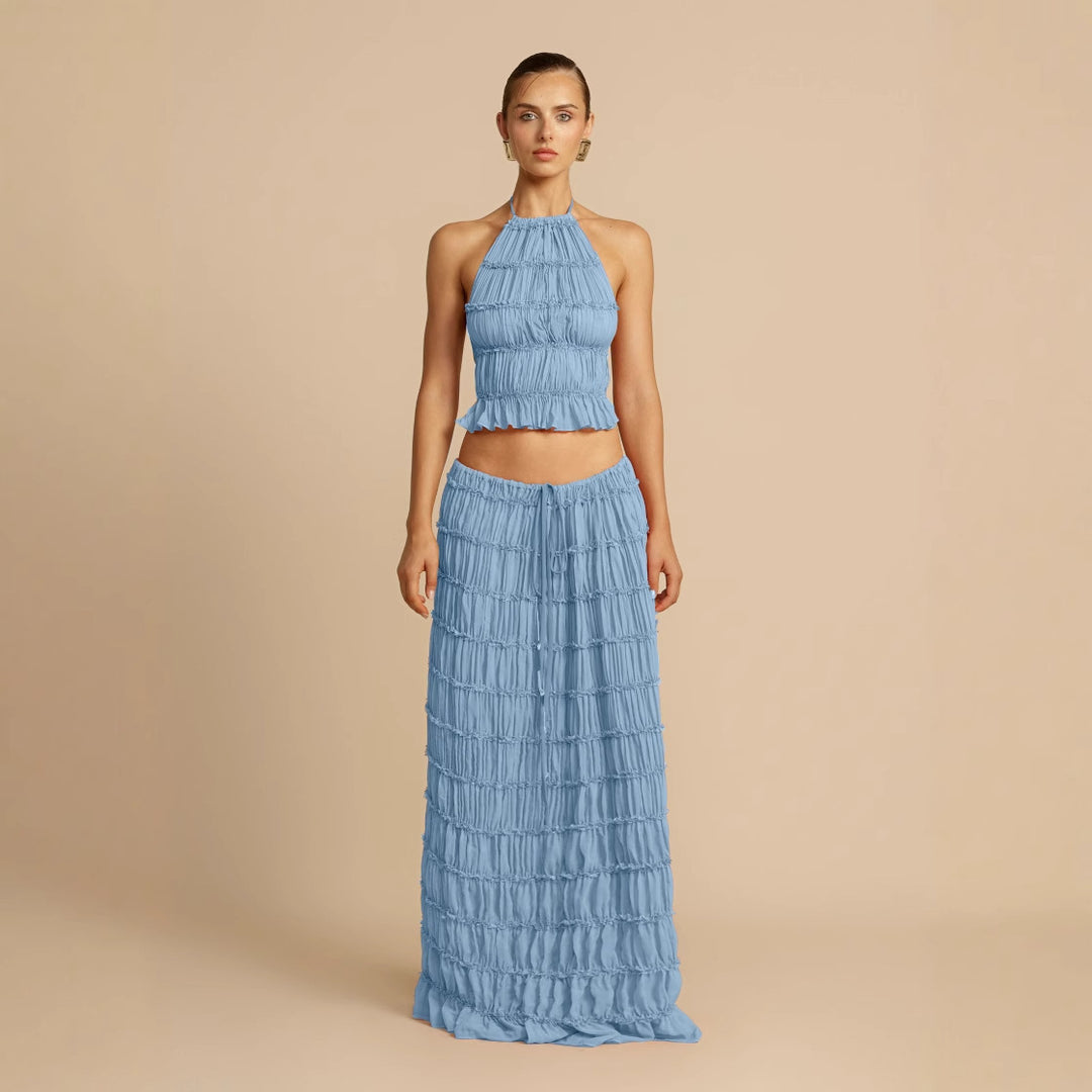 Damen Elegantes und verspieltes Zweiteiliges Sommerkleid mit gerafftem Oberteil und fließendem Rock R&B