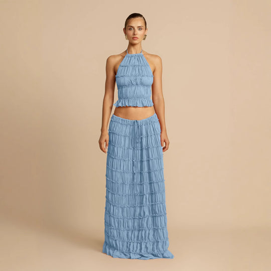 Damen Elegantes und verspieltes Zweiteiliges Sommerkleid mit gerafftem Oberteil und fließendem Rock R&B