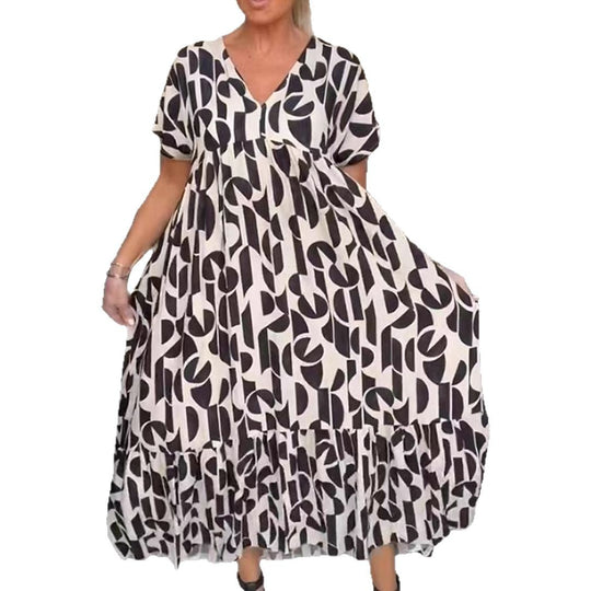 Damen nan voluminöses Maxikleid mit Unterbrustnaht, V-Ausschnitt, kurzen Kimonoärmeln und Stufenvolant R&B
