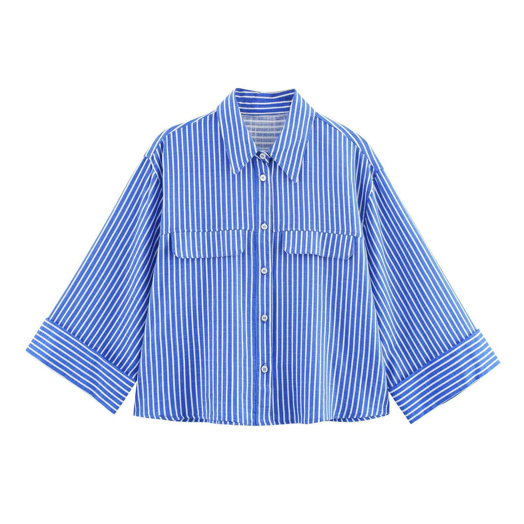 Damen gestreifte Bluse mit voluminösen Ärmeln und praktischen Taschen R&B