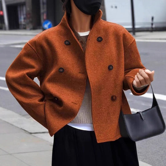 Damen modische Wolljacke mit doppelter Knopfleiste und hohen Kragen R&B