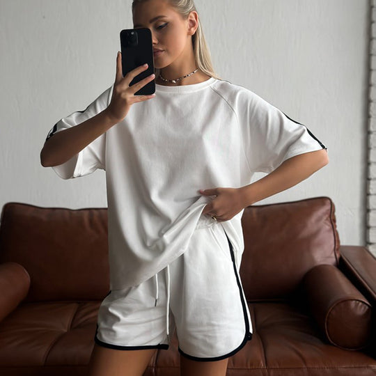 Damen lässiges Kurzarm-Set aus T-Shirt und Shorts mit Kontrastnähten R&B
