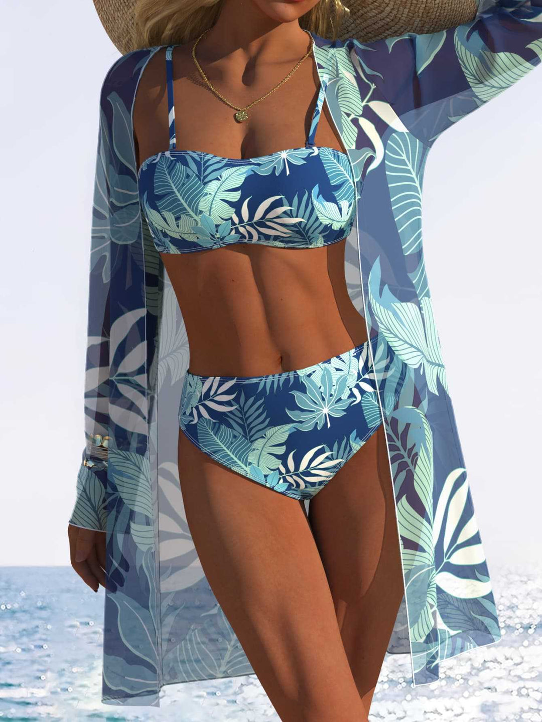 Damen Bikini-Set mit fließendem Strandüberwurf und tropischem Blattmuster R&B