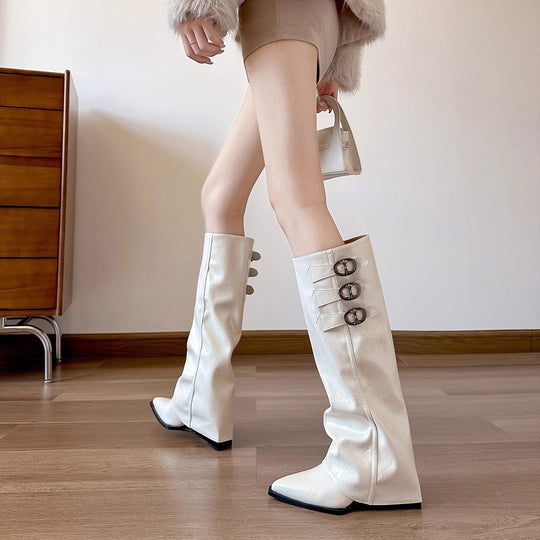 Damen Überknie Stiefel mit modischen Schnallen und hochwertigem Leder R&B