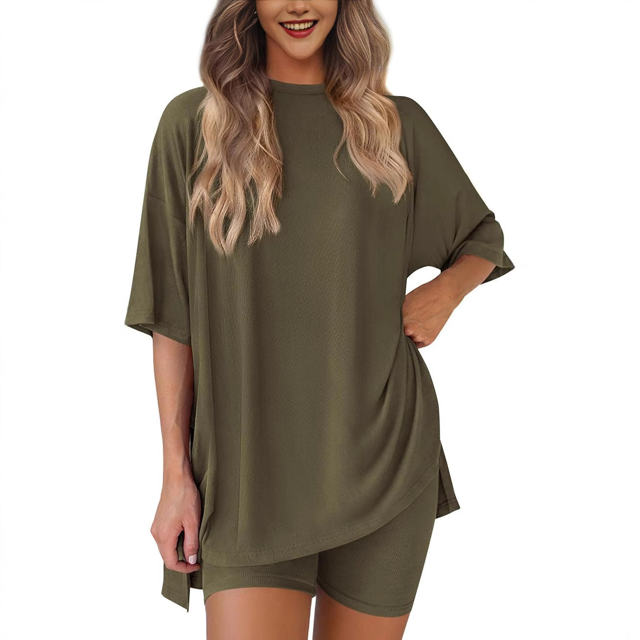 Damen Kurzes Pyjama-Set mit lockerem Shirt und Shorts R&B