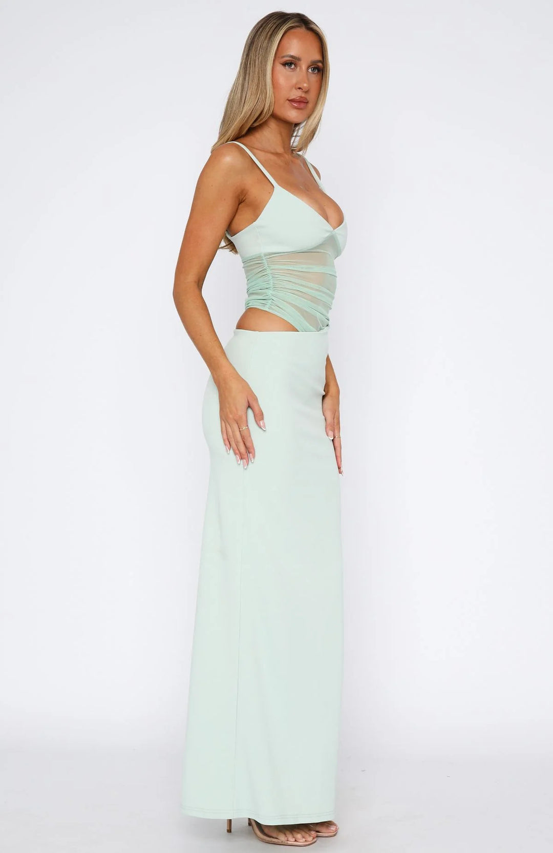 Damen Elegantes Stretch-Maxikleid mit transparenten Einsätzen und spaghetti Trägern R&B