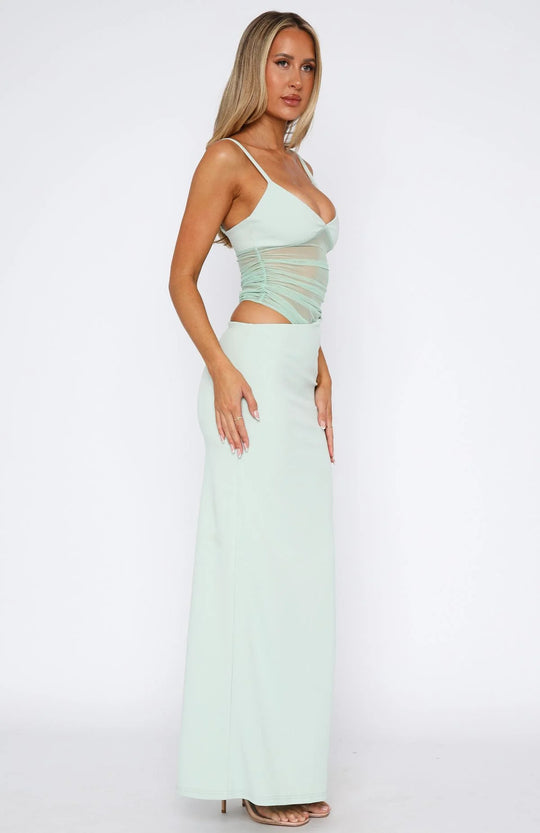 Damen Elegantes Stretch-Maxikleid mit transparenten Einsätzen und spaghetti Trägern R&B