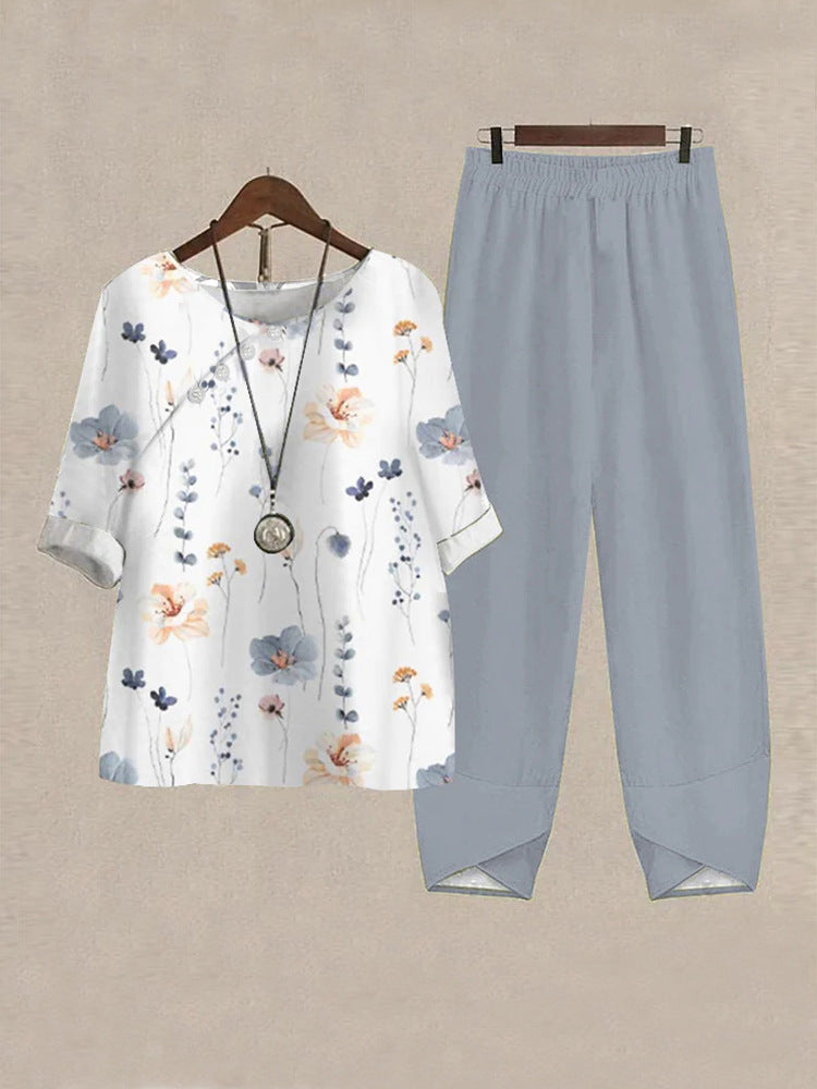 Damen Freizeit Oberteil mit floralem Muster und bequemer Hose R&B
