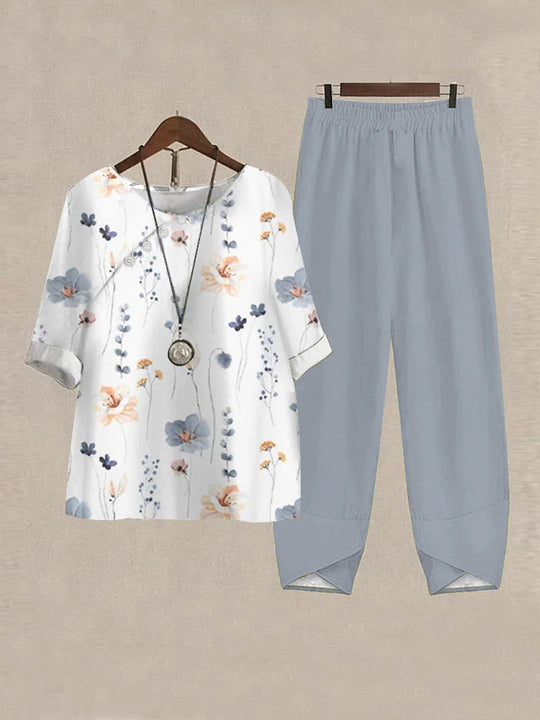 Damen Freizeit Oberteil mit floralem Muster und bequemer Hose R&B