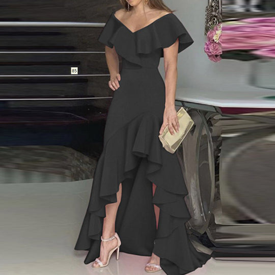 Damen Maxi-Kleid mit Volant-Details und elegantem V-Ausschnitt R&B