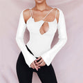 Damen Eleganter Bodysuit mit tiefem V-Ausschnitt und langen ausgestellten Ärmeln