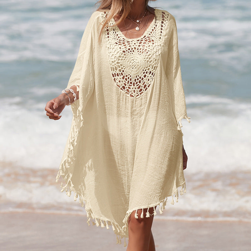 Damen Häkel-Strandüberwurf mit fransigem Saum und elegantem Lochmuster R&B