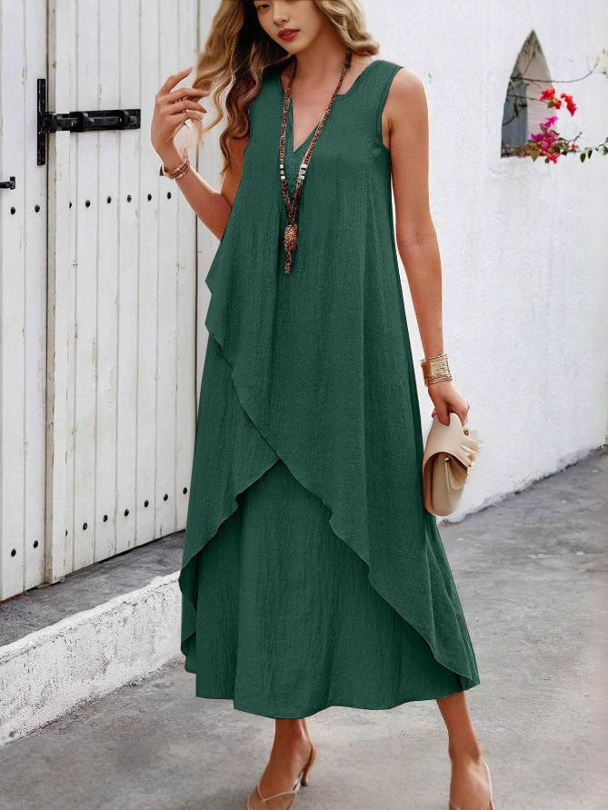 Damen Lässiges Maxikleid mit überlappendem Volant und modernem V-Ausschnitt R&B
