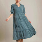 Damen lässiges Maxikleid mit V-Ausschnitt und volumetrischen Ärmeln R&B