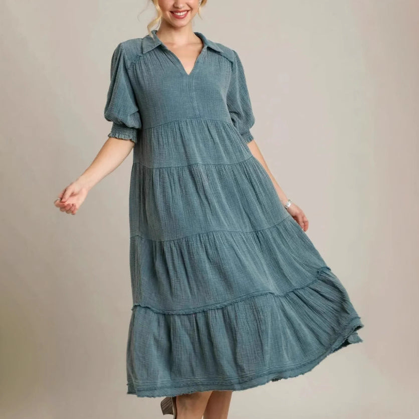 Damen lässiges Maxikleid mit V-Ausschnitt und volumetrischen Ärmeln R&B