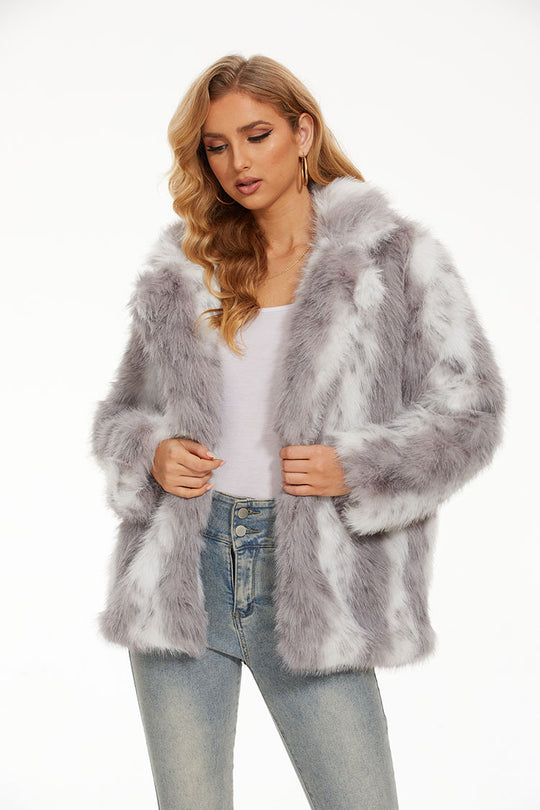 Damen Flauschiger Kunstfell-Mantel mit lockerer Passform und breitem Kragen R&B