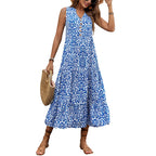 Damen Maxikleid mit romantischem Muster und tiefem V-Ausschnitt R&B