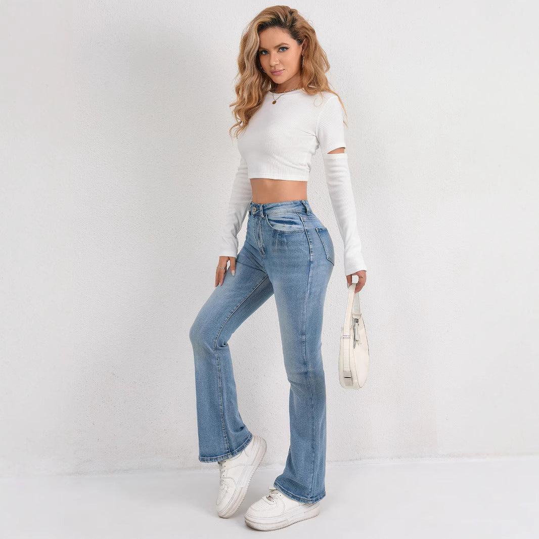 Damen Flared Jeans mit hohem Bund und modischen Abnähern R&B