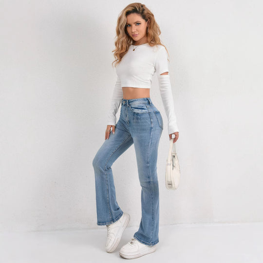 Damen Flared Jeans mit hohem Bund und modischen Abnähern R&B