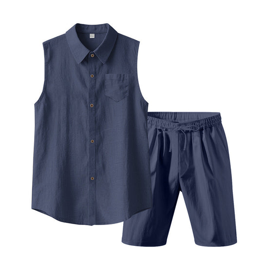 Herren nan ärmelloses Hemd- und Shorts-Set aus Baumwoll-Leinen mit Kentkragen und elastischem Tunnelzugbund R&B