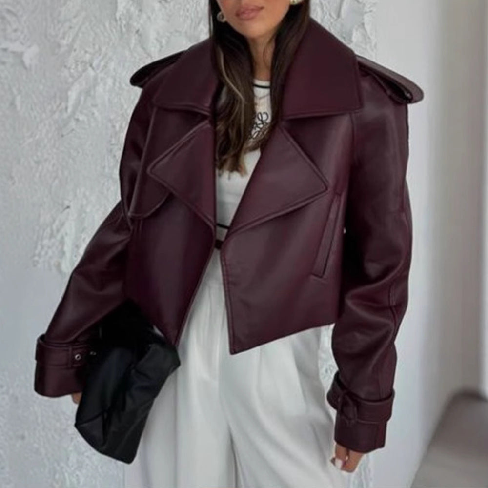 Damen modische Kunstlederjacke mit oversized Schnitt und breitem Kragen R&B