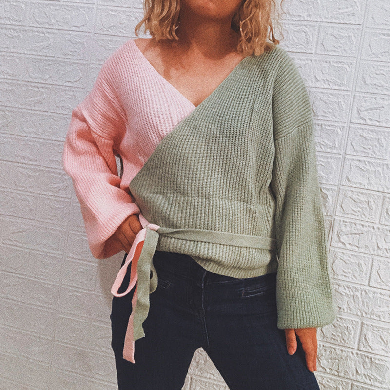 Damen Wickelpullover mit elegantem Rippdesign und modischen BindR&Bändern R&B