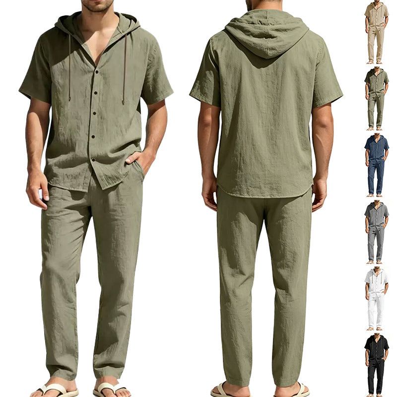 Herren nan luftiges Leinen-Lounge-Set mit kurzärmeligem Kapuzenhemd und gerader Relaxhose R&B