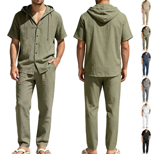 Herren nan luftiges Leinen-Lounge-Set mit kurzärmeligem Kapuzenhemd und gerader Relaxhose R&B