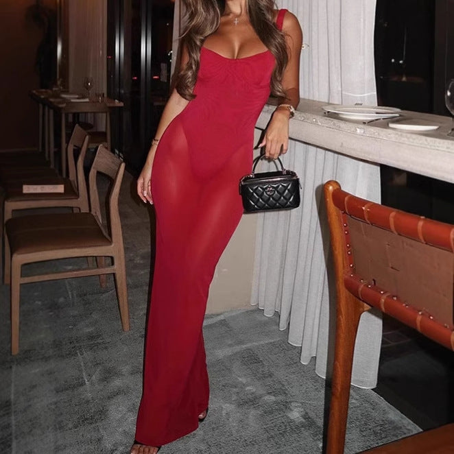 Damen Elegantes bodenlanges Kleid mit schmalen Spaghetti-Trägern und raffiniertem Schnitt R&B