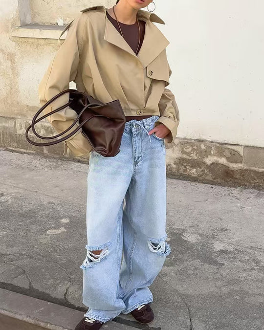 Damen Trendige Cropped Trenchjacke mit innovativen Ärmeln R&B