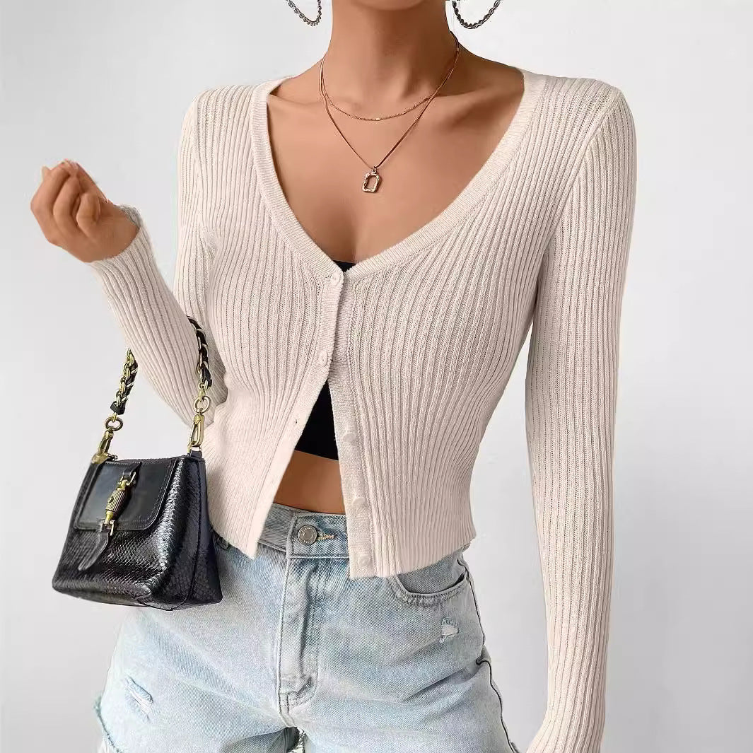 Damen angenehme und figurbetonte Strickjacke mit Knöpfen R&B