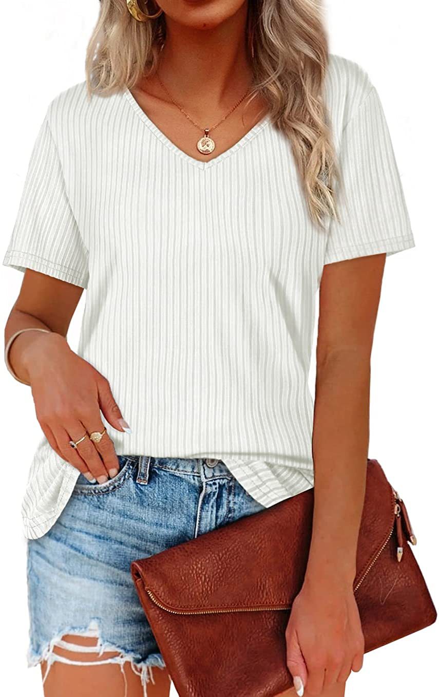 Damen Viskose T-Shirt mit feinem Rippstrickmuster und lässigem V-Ausschnitt R&B