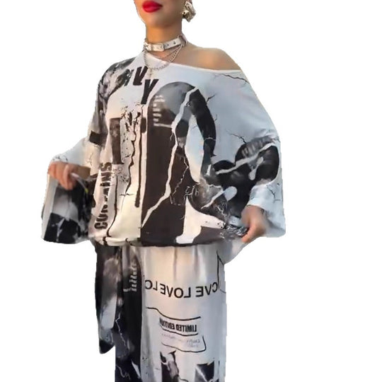 Damen nan zweiteiliges weites Satin-Freizeit-Set mit schulterfreiem Fledermaus-Top und Palazzohose R&B