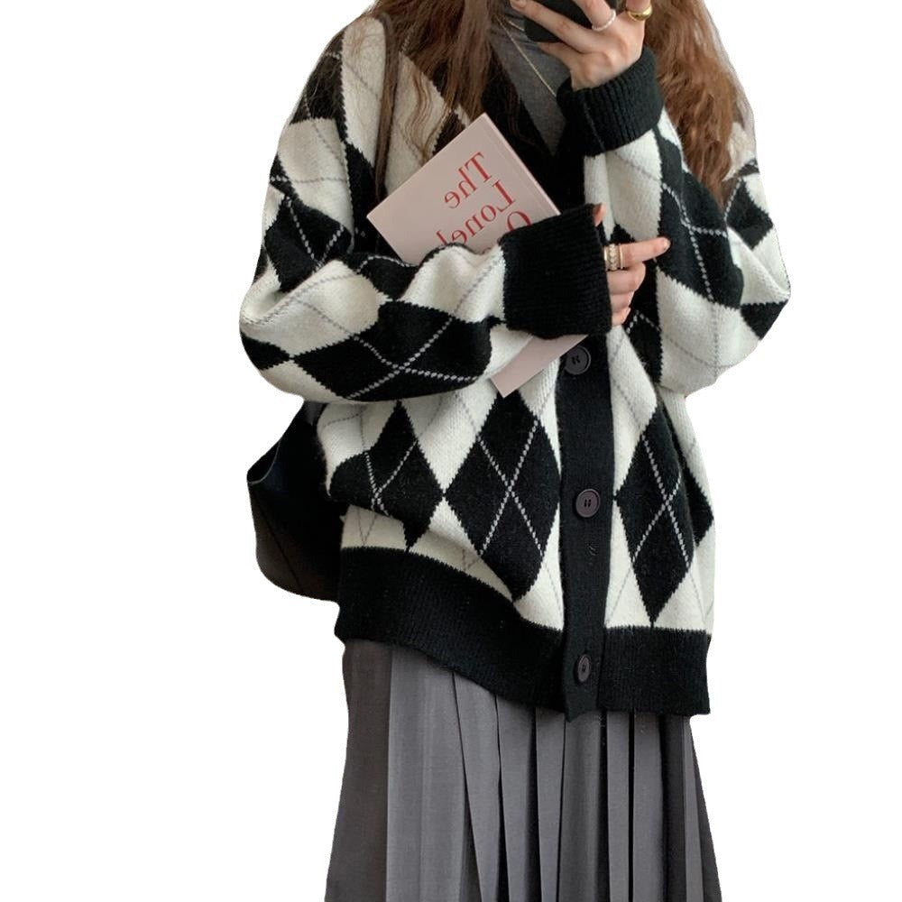 Damen lässige Strickjacke mit Rautenmuster und großen Knöpfen R&B