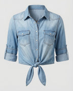 Damen taillierte Kurzjacke aus Denim mit kurzen Ärmeln Brusttaschen und Metallknöpfen R&B