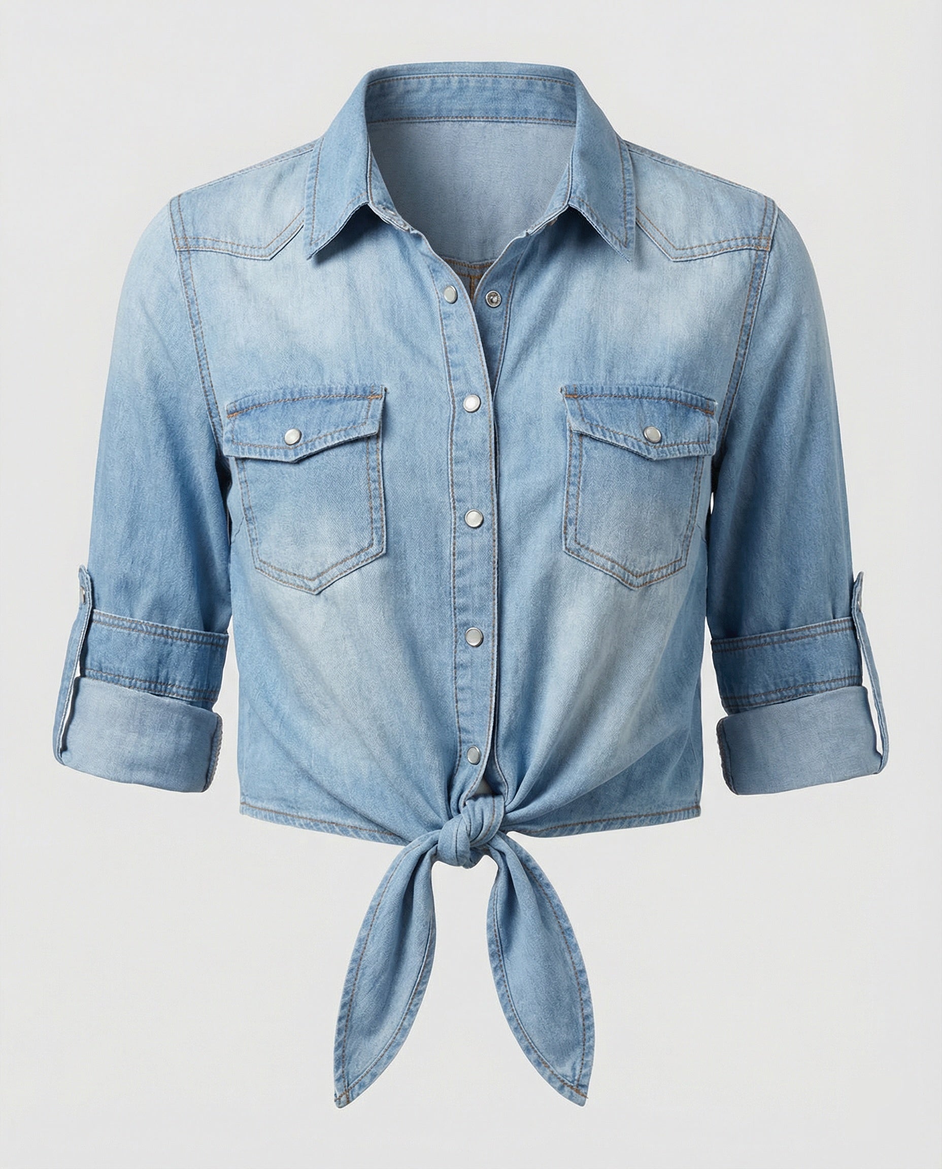 Damen taillierte Kurzjacke aus Denim mit kurzen Ärmeln Brusttaschen und Metallknöpfen R&B