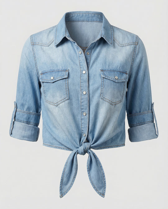 Damen taillierte Kurzjacke aus Denim mit kurzen Ärmeln Brusttaschen und Metallknöpfen R&B