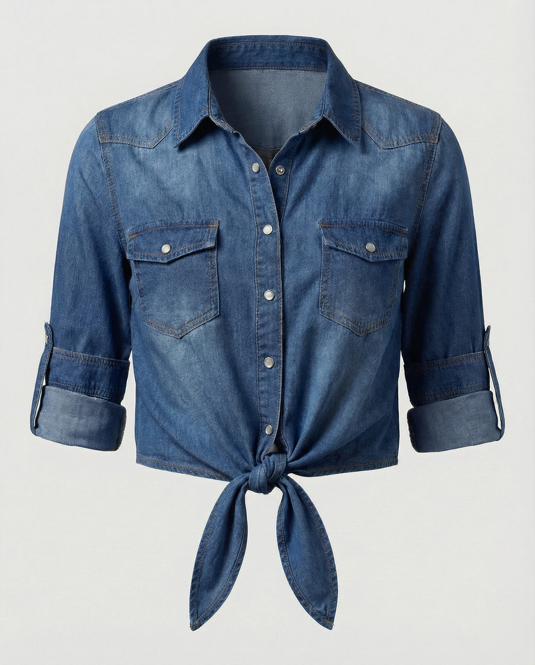 Damen taillierte Kurzjacke aus Denim mit kurzen Ärmeln Brusttaschen und Metallknöpfen R&B
