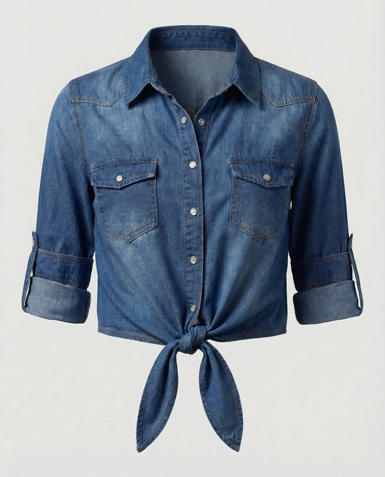 Damen taillierte Kurzjacke aus Denim mit kurzen Ärmeln Brusttaschen und Metallknöpfen R&B