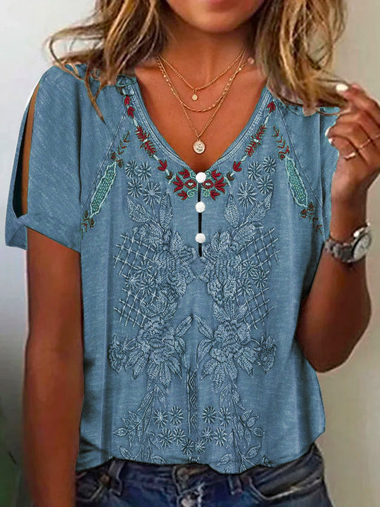 Damen Kurzarmbluse mit floralen Stickereien und Knopfdetails R&B