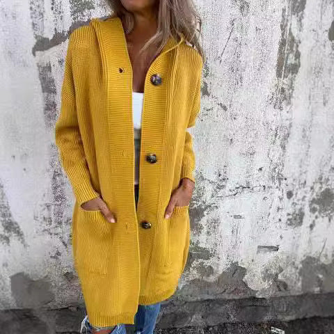 Damen Lange Strickjacke mit hochwertiger Rippstruktur und eleganten Knöpfen R&B