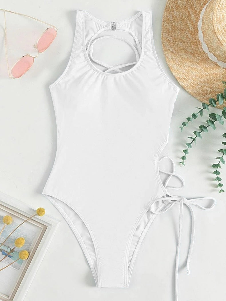 Damen Sportlicher Einteiler Badeanzug mit raffiniertem Schnüredetail R&B