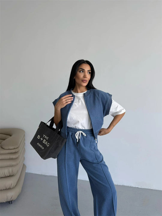 Damen sportliches Twin-Set mit kurzem Reißverschluss und weiten Hosen R&B