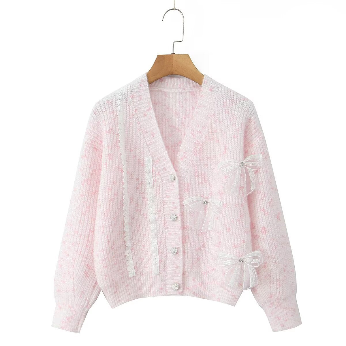 Damen Strickjacke mit dekorativen Schleifen und zartem Muster R&B