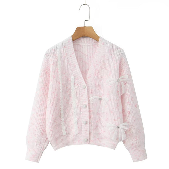 Damen Strickjacke mit dekorativen Schleifen und zartem Muster R&B