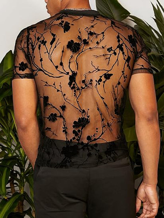 Herren Netz-T-Shirt mit floralem Design und elastischen Abschlüssen R&B