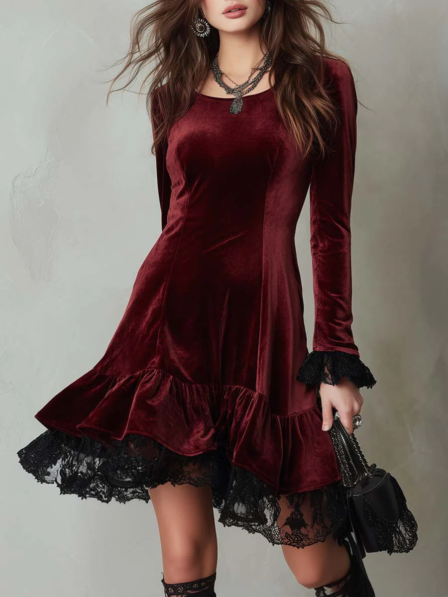 Damen Samt Minikleid mit Spitzenvolant und langen Ärmeln R&B