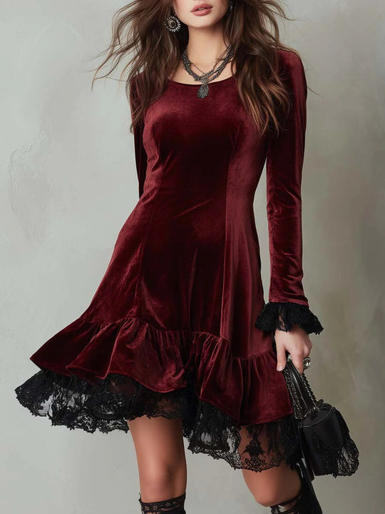 Damen Samt Minikleid mit Spitzenvolant und langen Ärmeln R&B
